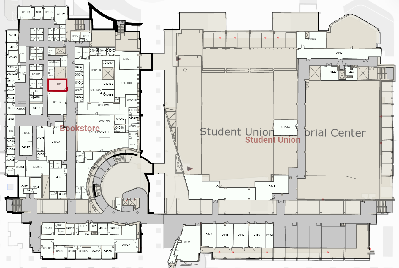Map of student union. Room 412 highlighted