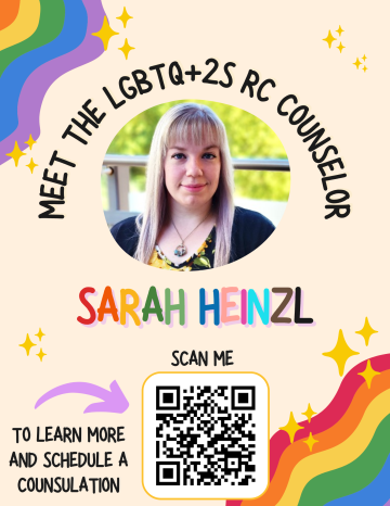 Tan flyer with rainbow flag on two corners of the flyer. A picture of Sarah is in the middle the flyer, with her name in rainbow colors below it.  A QR code is underneath her name 