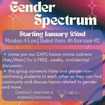 flyer with orange, pink and blue background with purple boxes that have writing.