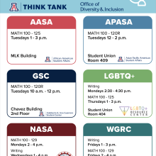 White flyer with blue header. Below, boxes that resemble name tags are arranged in a 2 by 3 grid, each naming a cultural center and the hours math and writing tutors are available in each space. In addition to writing tutoring, Math tutoring is available in the LGBTQ+ RC Thursdays from 1-3. Student Union room 404