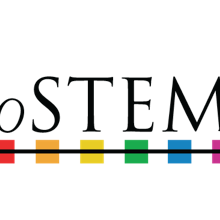 oSTEM logo consisting of black letters over a black arrow intersecting squares that are each one color of the rainbow.