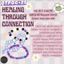 Tan and pink checker background. Maroon text with pink shadow and background describes the event (full text below). Illustration of three intertwined friendship bracelets decorate the flyer.