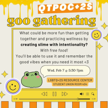 Yellow background with darker yellow slime drips at the top. Text is in a yellow textbox decorated to look like a music player. Text is decorated with smiley face stickers and a green cartoon frog face. Text described below.