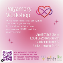 Pink gradient flyer. Graphics are red heart intertwined with purple infinity sign, dark pink stars, and logos for LGBTQ+Resource Center & DCC. Text written in full in event description below.