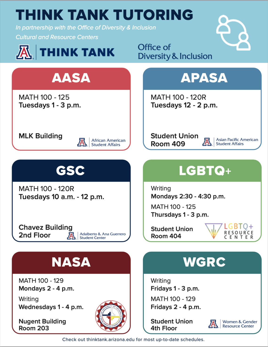 White flyer with blue header. Below, boxes that resemble name tags are arranged in a 2 by 3 grid, each naming a cultural center and the hours math and writing tutors are available in each space. In addition to writing tutoring, Math tutoring is available in the LGBTQ+ RC Thursdays from 1-3. Student Union room 404