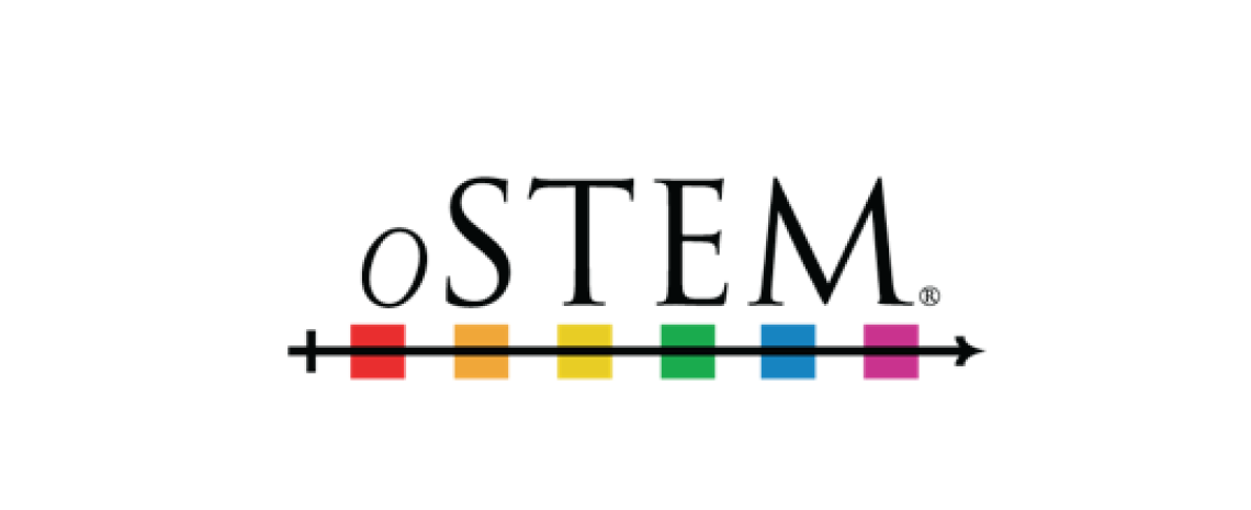 oSTEM logo consisting of black letters over a black arrow intersecting squares that are each one color of the rainbow.
