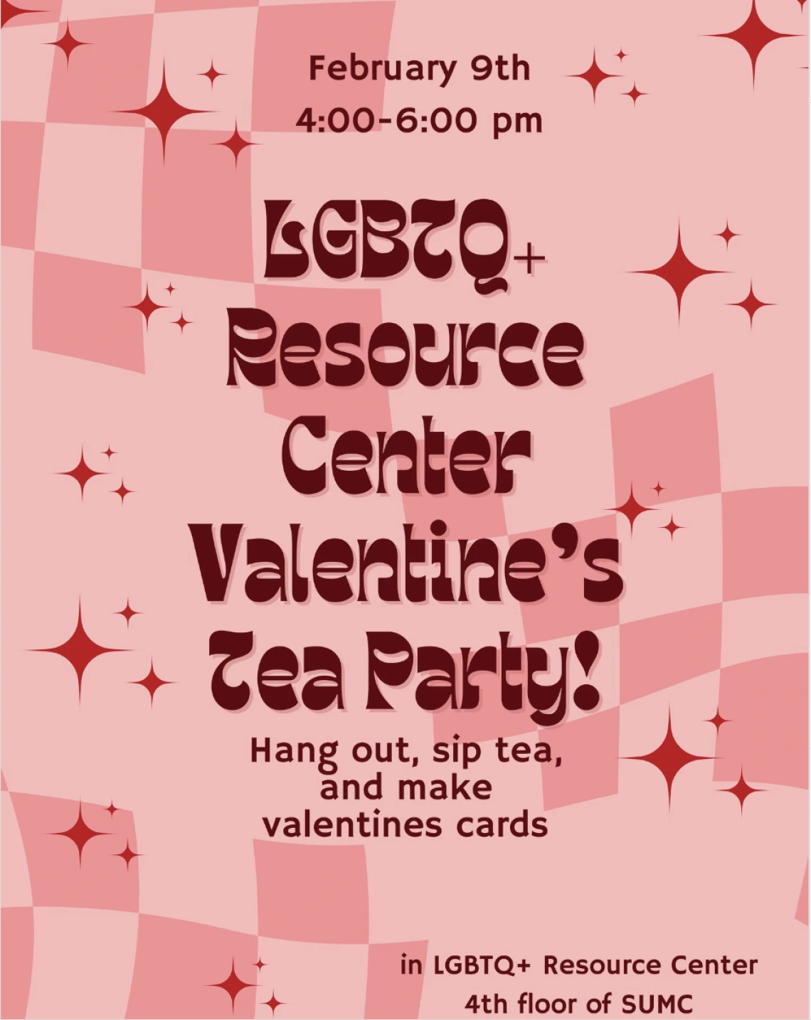 Pink flyer with dark pink checkers in the corners and red sparkles throughout. Text written below.