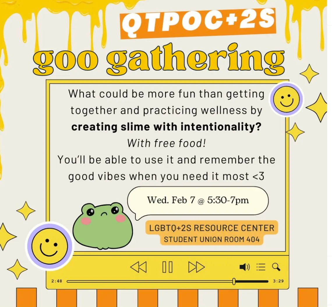 Yellow background with darker yellow slime drips at the top. Text is in a yellow textbox decorated to look like a music player. Text is decorated with smiley face stickers and a green cartoon frog face. Text described below.