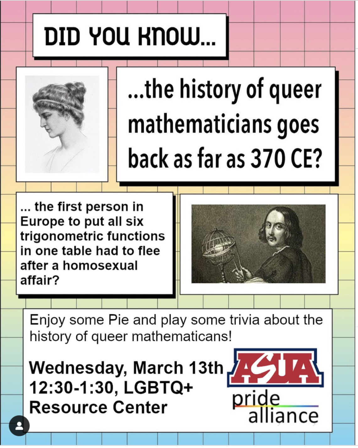 Flyer with a grid pattern with gradient color of the rainbow in the back. The text reads “DID YOU KNOW… the history of queer mathematicians goes back as far as 370 CE? … the first person in Europe to put all six trigonometric functions in one table had to flee after a homosexual affair?” There are pictures of two people on the poster on either side of the text. The text below this reads “Enjoy some Pie and play some trivia about the history of queer mathematicians! Wednesday, March 13th 12:30-1:30, LGBTQ+RC