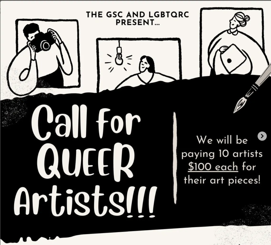[Image Description: Off-white background for all slides. Slide 1: Text at the top saying, “The GSC and LGBTQRC Present…” Three black and white, cartoon images at the top of the screen. From left to right, there is a masc person using a camera, a fem person looking at a light bulb, and another fem person holding a computer. Large, black rectangle in the middle of the screen. Off-white title text reads, “Call for Queer Artists”. Content text reads, “We will be paying 10 artists $100 each for their art pieces!