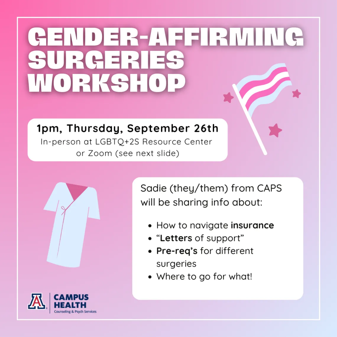 Pink and blue ombre background with white title reading "GENDER AFFIRMING SURGERIES WORKSHOP." Text is written in full below. Clipart of a blue surgery gown and a trans flag decorate the flier. The Campus Health logo is in the bottom left corner.