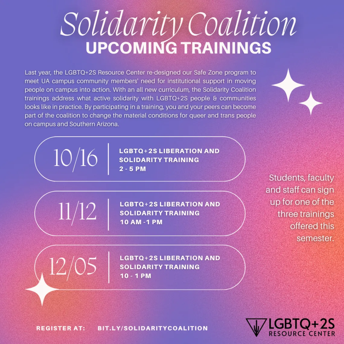 Purple, orange, and pink ombre background with white text and decorative sparkle elements. Text is written in full below. Title reads "Solidarity Coalition Upcoming Trainings"