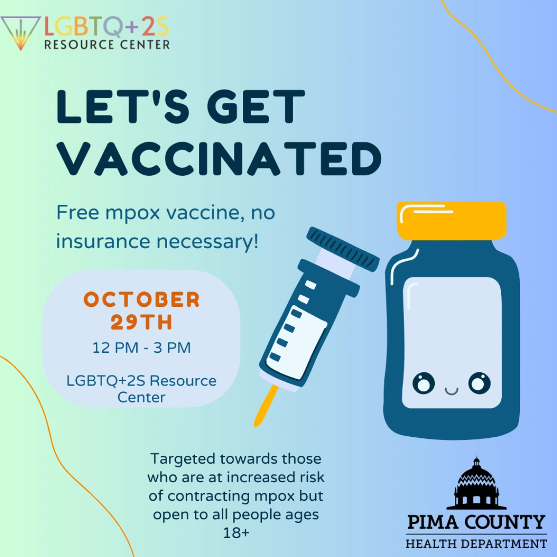 Blue gradient background, title reads LET'S GET VACCINATED October 29th - 12pm to 3pm at the LGBTQ+2S Resource Center.