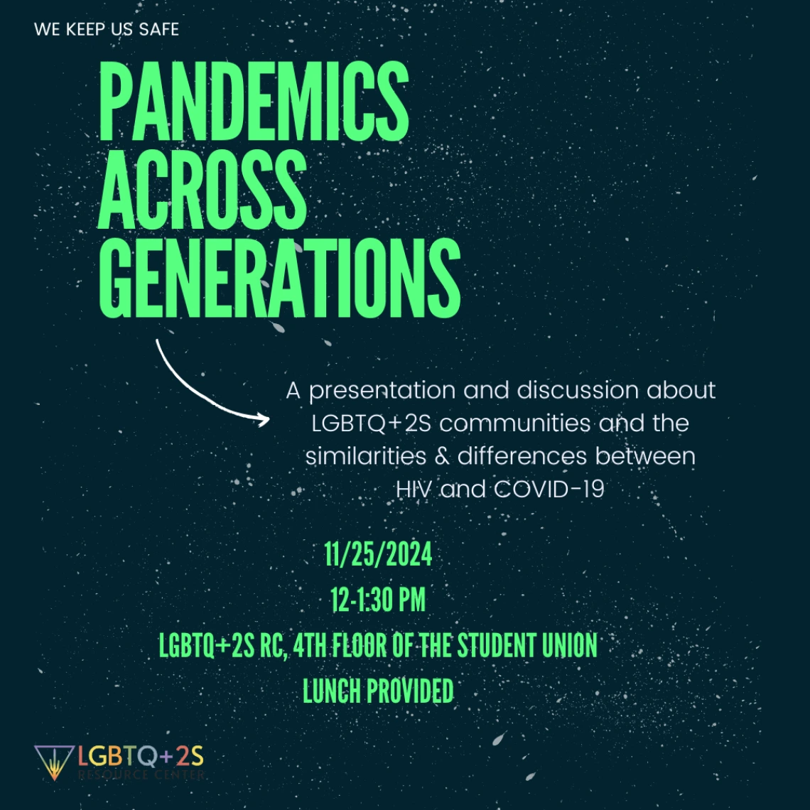 Black starry background with green text that reads "We Keep Us Safe: Pandemics Across Generations" Full text written out below