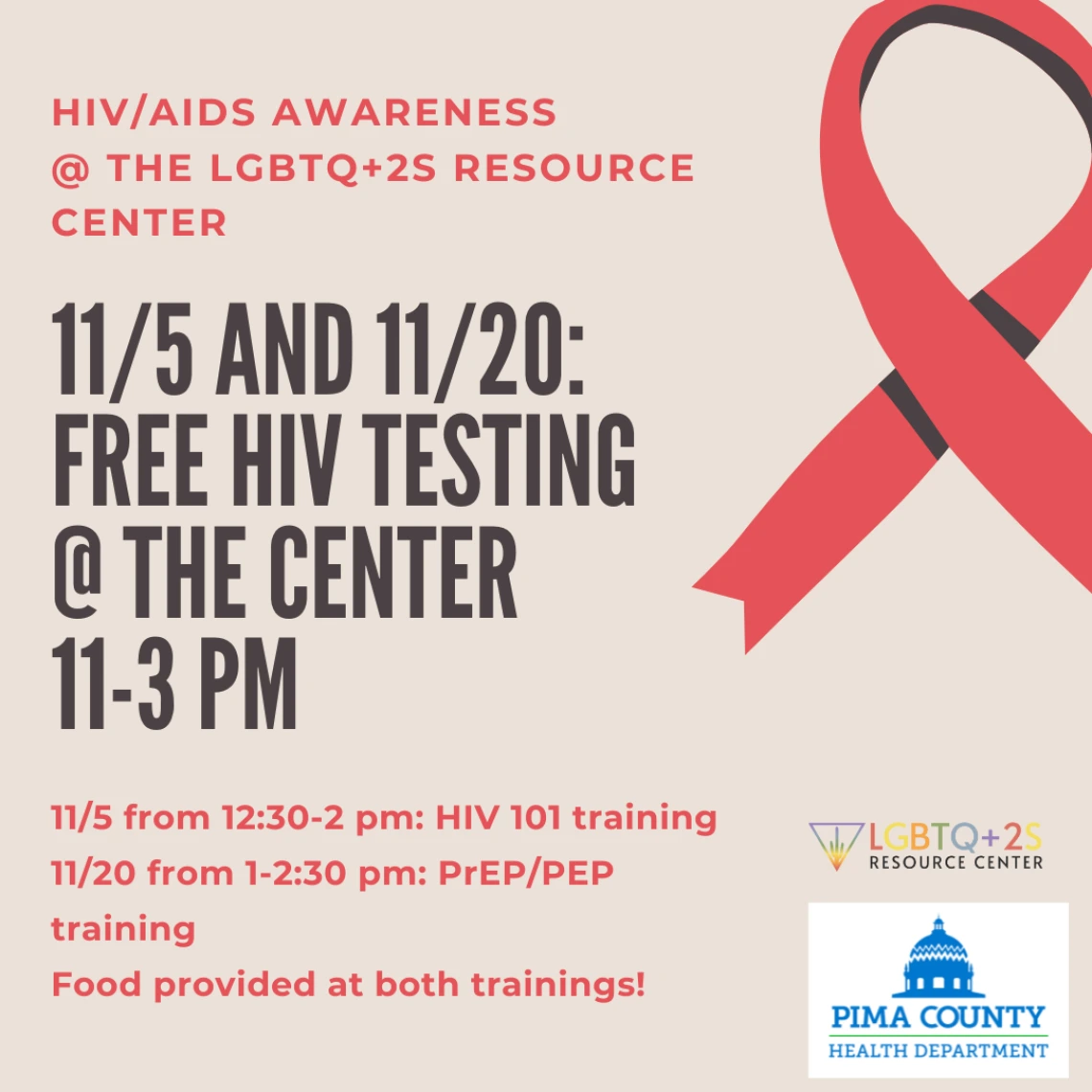 Tan flyer with red and black text, decorated with a red ribbon, LGBTQ+2S RC logo, & Pima County Health Department logo. All text written out below.