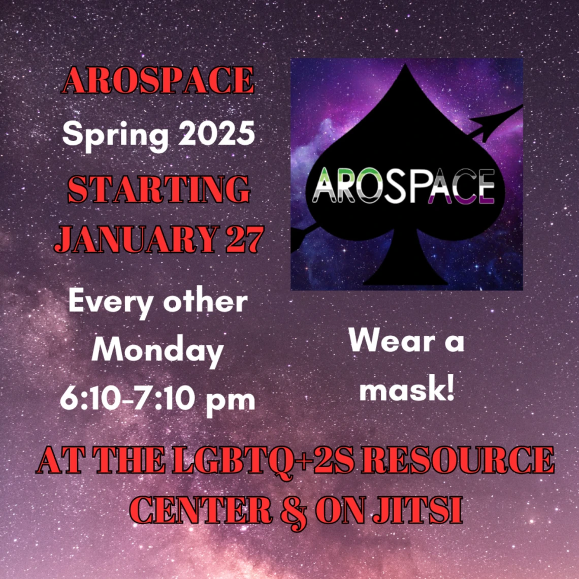 Purple space background with black and white text (typed out in full below). Arospace logo (black spade with arrow through it on galaxy background) is in top right corner.