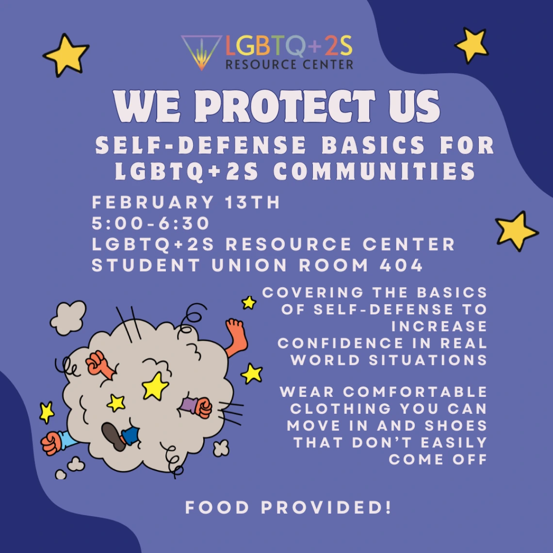 Dark blue background decorated with yellow stars and a humorous illustration of a brawl with fists, hands, and stars popping out of a cloud. Title: we protect us: self defense basics for LGBTQ+2S Communities. Full text written in post.