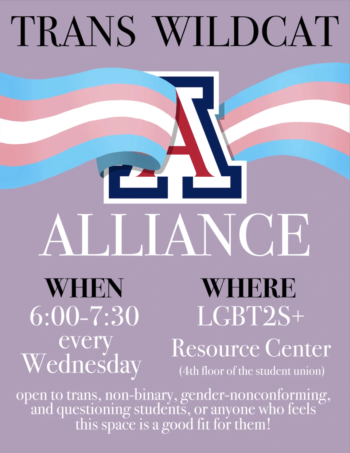 Purple background with large UofA letter A surrounded by a billowing trans flag banner, Text written out in full below