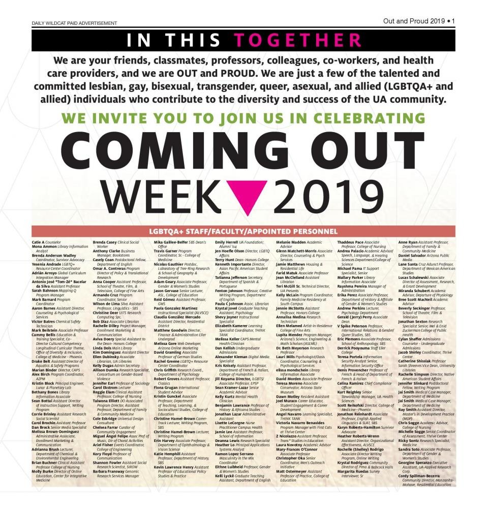 List full of faculty/staff who supported Coming Out Week 2019