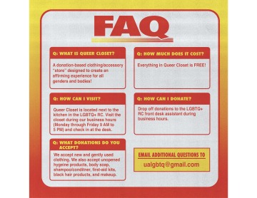 Flyer with red and yellow framing with FAQ written out in red at the top of the flyer.