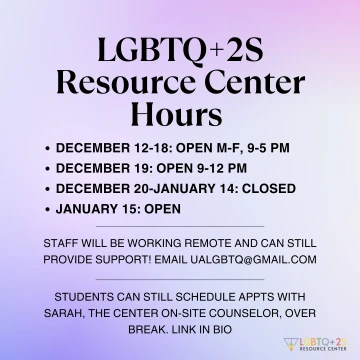 purple background with title: "LGBTQ+2S Resource Center Hours." The rest of the text is written out in full below.