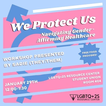 baby blue background with light pink diagonal lines. Background contains large blue transgender symbol. Title: We Protect Us: Navigating Gender-Affirming Healthcare. Text: workshop presented by Sadie (they/them). Free food provided! January 29th, 12:00-1:30. LGBTQ+2S resource center, student union, room 404