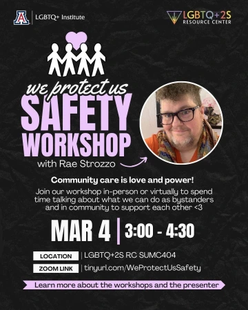 The background of the graphic is a black crumpled piece of paper. In the top left and right corner are the LGBTQ+ Institute and LGBTQ+2S Resource Center logos. Above the event title is an image of a paper doll chain with a purple heart. The title reads: We Protect Us: Direct Action - Safety Workshop with Rae Strazzo. Next to the title is an image of Rae Strozzo (a white transmasculine nonbinary person with brown hair, facial hair, and black glasses wearing an orange shirt and a colorful kuffiyeh)