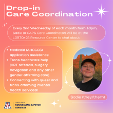 Red, orange, and purple background with white text and white star decorations. Title: Drop-In Care Coordination. All content text is located below.