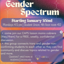 rainbow background with white writing and start decorations. Title text: GENDER SPECTRUM. Content text: Starting January 22nd. Mondays 4-5pm. Student Union. 4th floor. Room 412. Come join our CAPS liaison moms camera (they/them) for a FREE weekly confidential discussion. This group connects trans and gender nonconforming students to each other so they can find community and discuss topics related to gender and more.