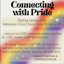 The image is a close-up of a paper with text that contains information about a weekly event starting on January 24th. It provides details about a free, confidential discussion group for LGBTQIA+2S students to connect with each other and discuss topics related to identity and sexuality. The event is hosted by CAPS liaison Momo Cabrera and will take place on Wednesdays from 4-5 pm at the Student Union, 4th floor room 412. For more information, questions can be directed to momo at mcabrera@arizona.edu.