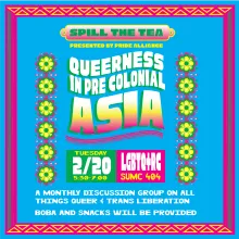 Blue background with pink and yellow geometric border and similarly colored flowers around the sides. Text reads "Queerness in precolonial Asia." 