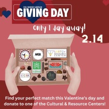 ID: Pink and red background with giving day logo at the top. Text in white below reads: "Only 1 day away! | 2.14" Graphic of a box of chocolates in middle with the 7 crc center logos as chocolates. Text below reads: "Find your perfect match this Valentine's day and donate to one of the Cultural & Resource centers!" Graphics of red and blue hearts in top corners.