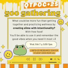 Yellow background with darker yellow slime drips at the top. Text is in a yellow textbox decorated to look like a music player. Text is decorated with smiley face stickers and a green cartoon frog face. Text described below.