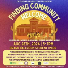 A poster with a blue and pink gradient background with yellow text. Poster advertising the "Finding Community Welcome" event hosted by the Cultural Resource Centers. It includes details such as date, time, location, and activities like free food, music, dancing, and a photo booth. All text written out below.