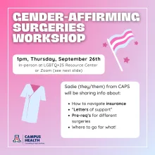 Pink and blue ombre background with white title reading "GENDER AFFIRMING SURGERIES WORKSHOP." Text is written in full below. Clipart of a blue surgery gown and a trans flag decorate the flier. The Campus Health logo is in the bottom left corner.