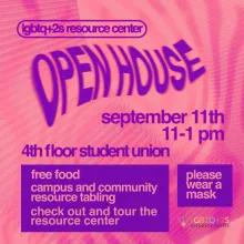 pink and orange background with purple text and decorative elements. Title says "OPEN HOUSE" - all other text written in full below. The LGBTQ+2S RC's rainbow logo is in the bottom right corner.