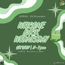 Dark green background with light green and white swirls decorating the edges. A green cartoon frog is holding a tiny progress pride flag.Title reads "WELCOME BACK WEDNESDAY" 1/29/25 5-7pm LGBTQ+ Resource Center