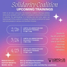 ID: Pink and purple ombre background decorated with white stars and white text advertises Solidarity Coalition trainings for LGBTQ+2S liberation and solidarity. Title text reads, "Solidarity Coalition upcoming trainings." Links for registration are listed. Individual training registration at bit.ly/solidaritycoalition and department training registration at bit.ly/SCdepartments. The LGBTQ+ Resource Center logo is included at the bottom of the flyer.