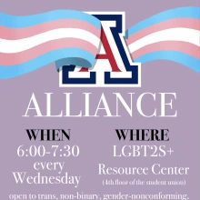 Purple background with large UofA letter A surrounded by a billowing trans flag banner, Text written out in full below