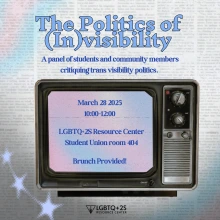 The Politics of (In)visibility: A panel of students and community members critiquing trans visibility politics. March 28 2025 10:00-12:00. LGBTO+2S Resource Center Student Union room 404. Brunch Provided!