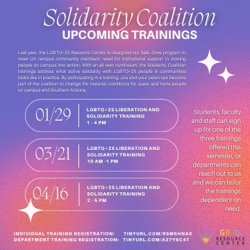 purple, orange and pink flyer that explains what Solidarity Coalition is and lists the 3 individual training dates and times. 